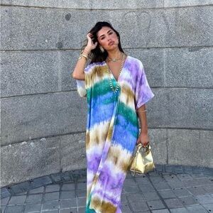 Zara Multicolor Tie-Dye Midi Dress Kaftan Medium